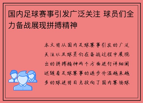 国内足球赛事引发广泛关注 球员们全力备战展现拼搏精神