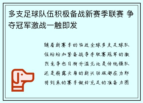 多支足球队伍积极备战新赛季联赛 争夺冠军激战一触即发