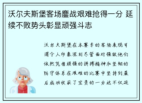 沃尔夫斯堡客场鏖战艰难抢得一分 延续不败势头彰显顽强斗志