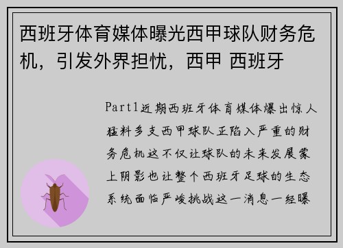 西班牙体育媒体曝光西甲球队财务危机，引发外界担忧，西甲 西班牙